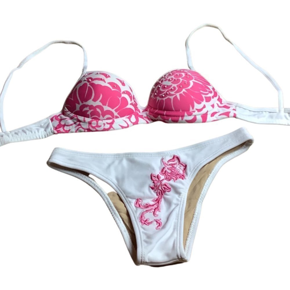 White & Pink Floral Push-Up Bikini Set